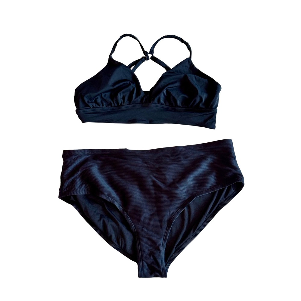 Eco Beach Womens XL Black Ribbed High Waisted Bikini Set Ladder Back Cutout